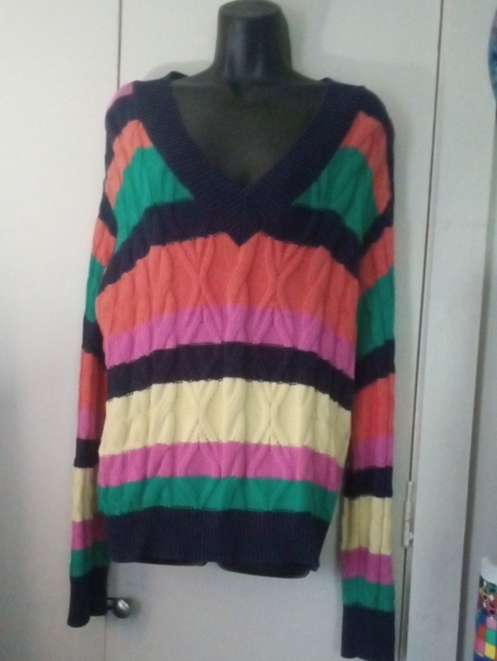 St. John's Bay Popsicle Stripes Long Sleeve V-Neck Cable Knit Sweater XL